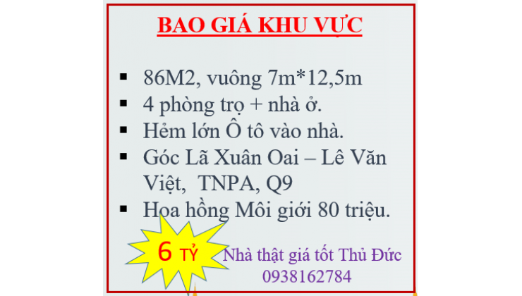 Bán gấp dãy 4 phòng trọ + nhà ở-Hẻm ô tô-86m2(7*12.5)-Lã Xuân Oai-TNPA.